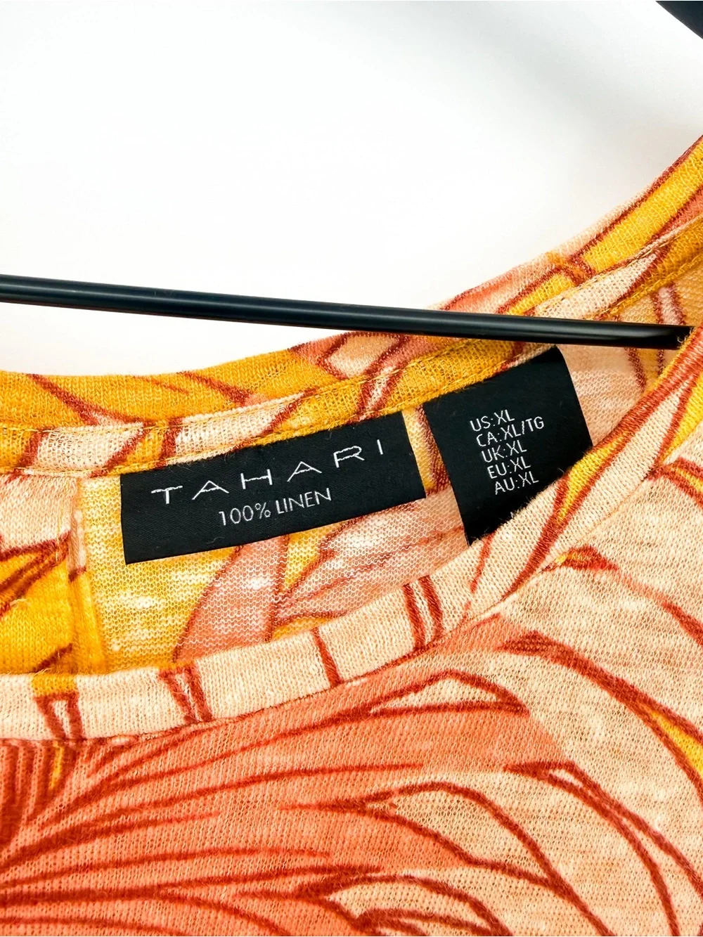 Tahari 100% Linen Tropical Palm Print Top Button Back Yellow XL